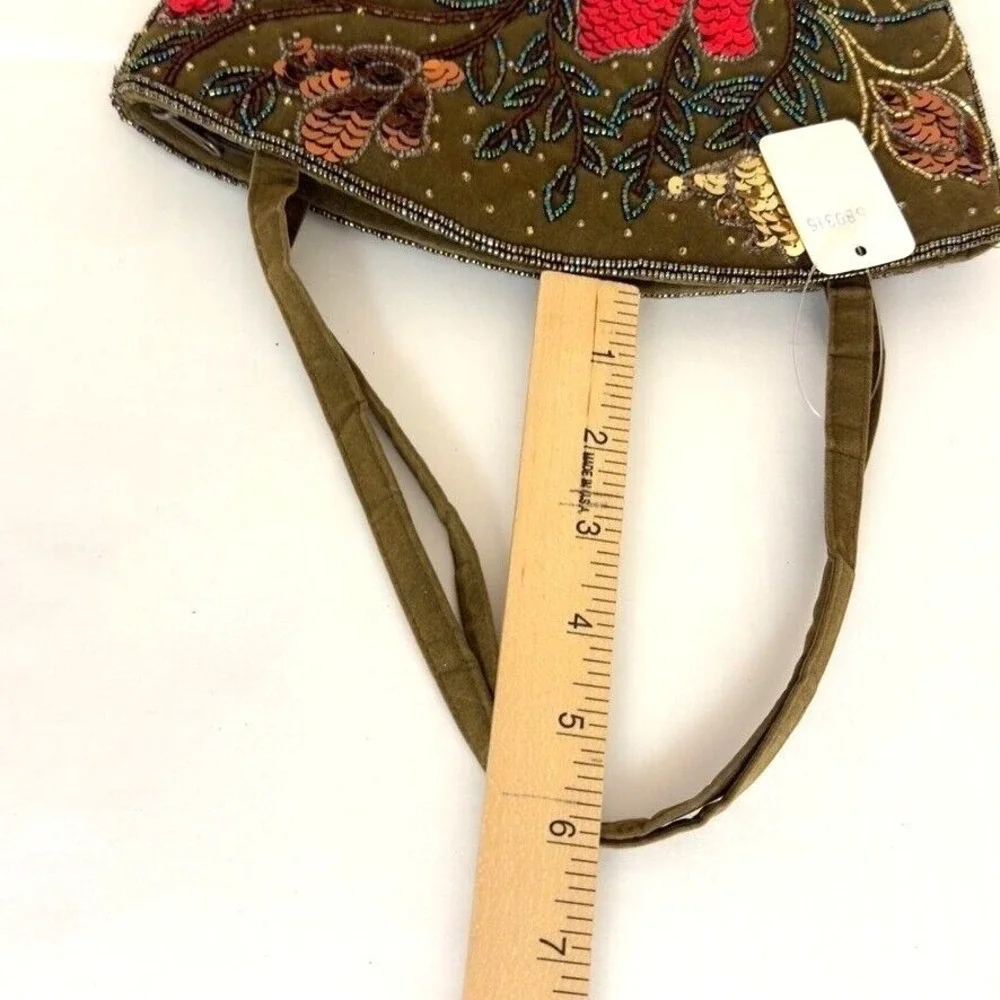 ERMO Collection‎ Evening Velvet Floral Beaded Handbag Zipper Olive Green